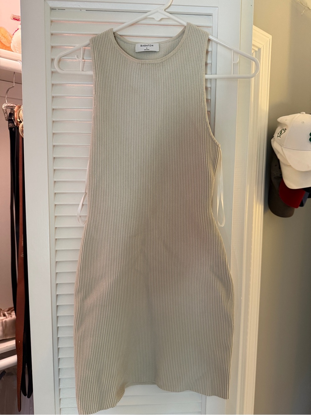 Babaton Sleeveless Ribbed Mini Dress in Light Beige